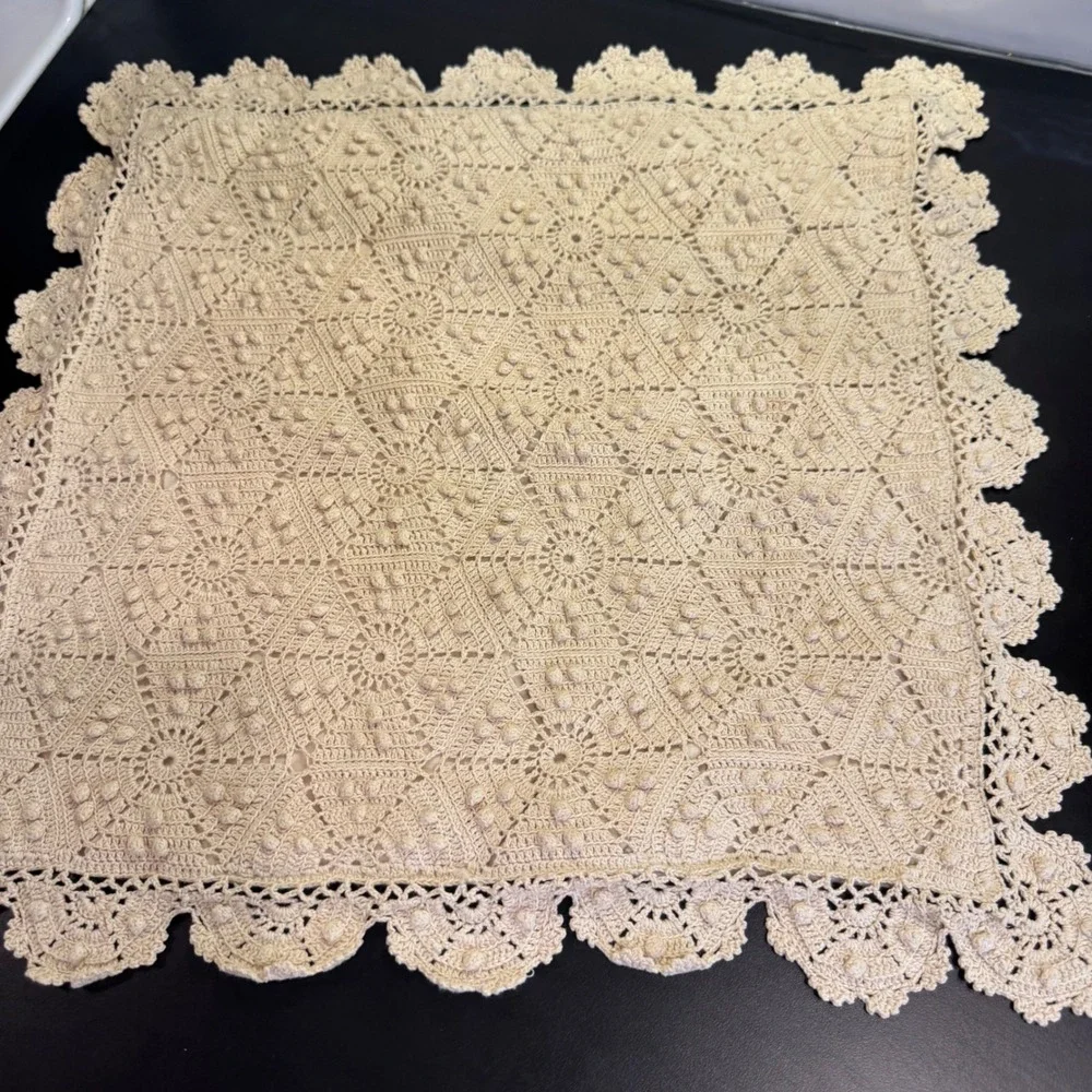 Crochet Pillow Shams Set of 2 18x18 Cream Cotton Popcorn Stitch Scalloped Edge